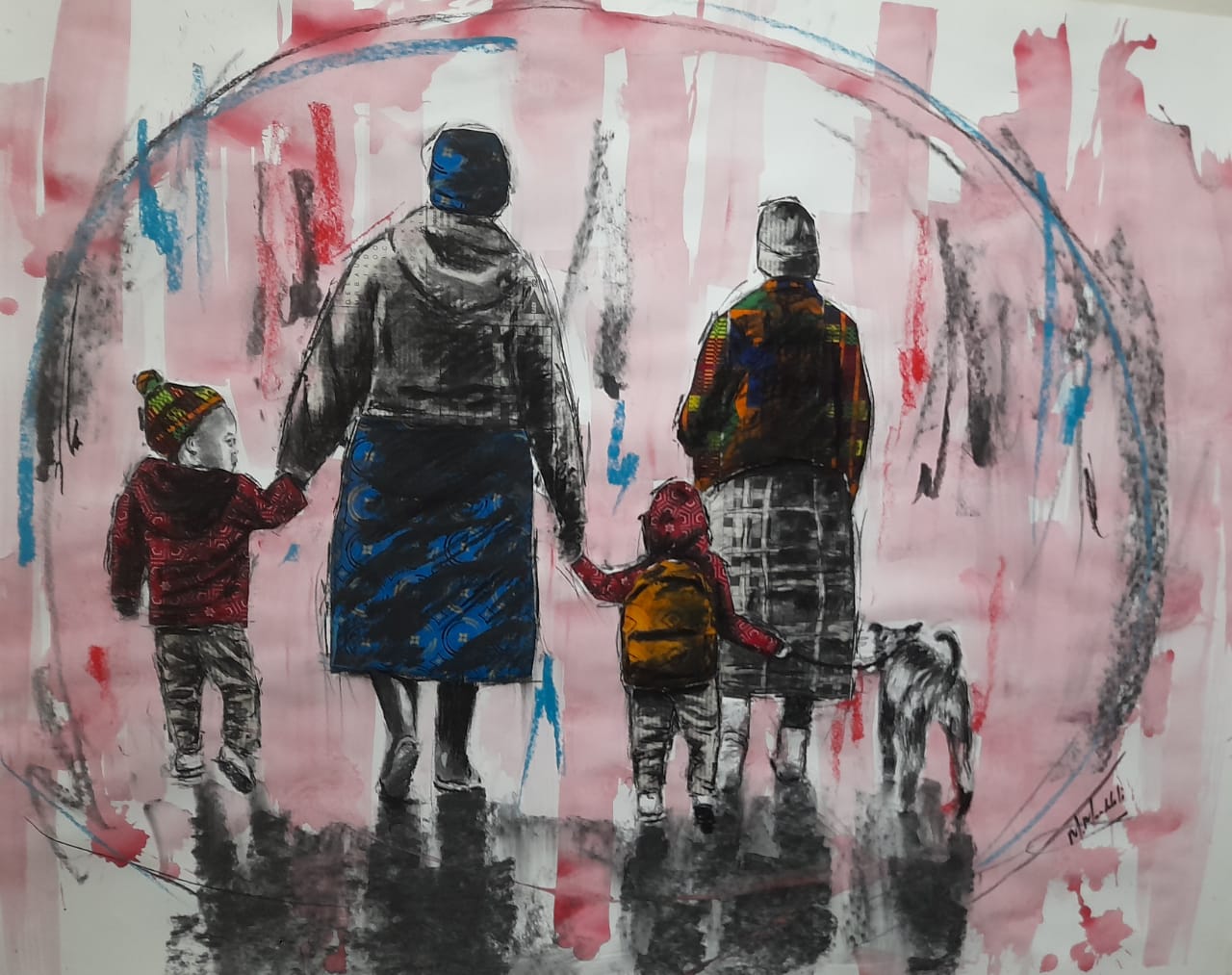 Family walking with dog
